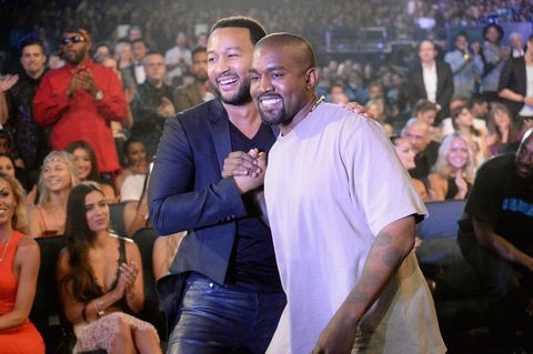 los angeles, ca   august 30  recording artists john legend l and kanye west attend the 2015 mtv video music awards at microsoft theater on august 30, 2015 in los angeles, california  photo by jeff kravitzmtv1415filmmagic