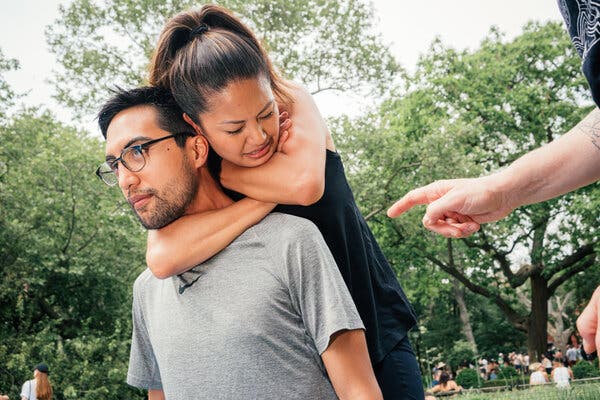 The author places Mr. Salgarolo in a chokehold. Allie Quinones, the Brazilian jiu-jitsu instructor leading the course, said classes like these “empower other people to feel more confident in themselves — not just for self-defense, but personally.” 